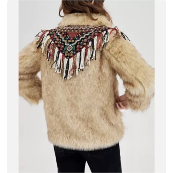 Zara Aztec Embroidered Faux Fur Jacket with Fringe Bells Detail M - Picture 2 of 11